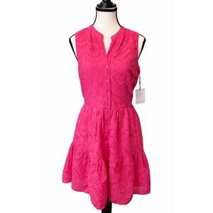 Japra Women’s Pink Eyelet Dress M Sleeveless Button Front Tiered NWT